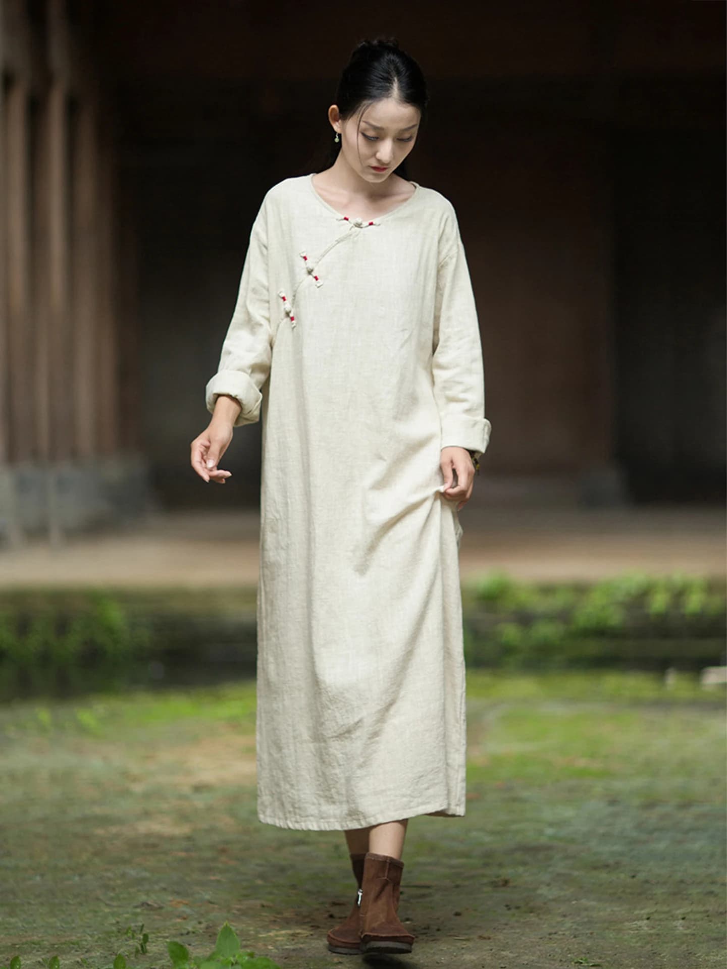 High-End Hemp Cotton Dress New Spring Zen Buddhist Style Buttoned Long Skirt Loose Fit Comfortable Breathable Casual Women's ...