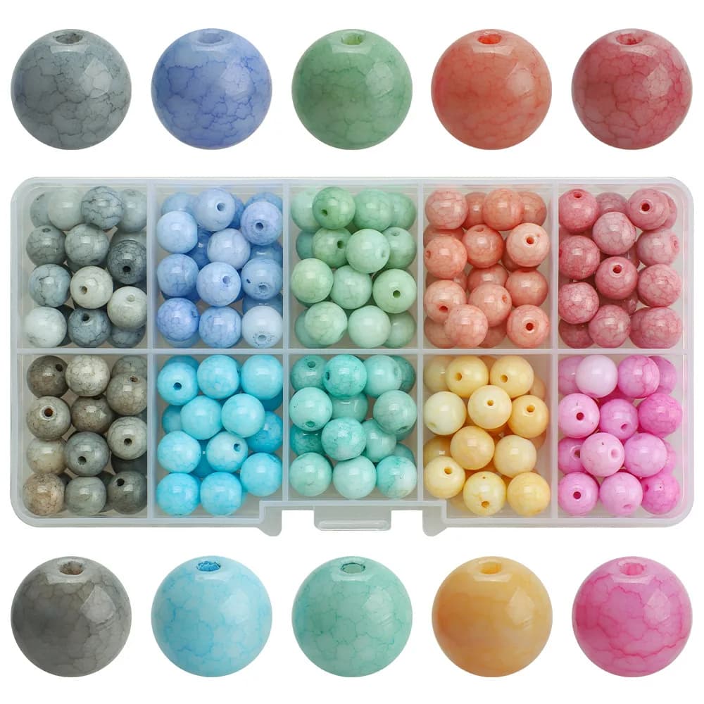 200Pcs/Box 8MM Round Transparent Crackle Glass Bead Mixed Color Crystal Glass Interval Beads DIY Make Charm Bracelet Accessories