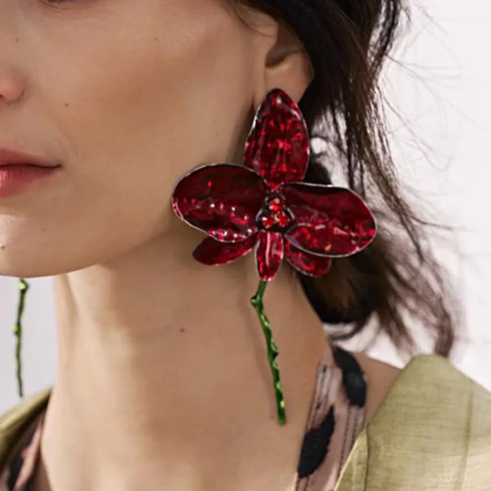 Exquisite Big Flower Dangle Earrings Enamel Design Alloy Red Flower Earrings Bohemian Jewelry Accessories Women