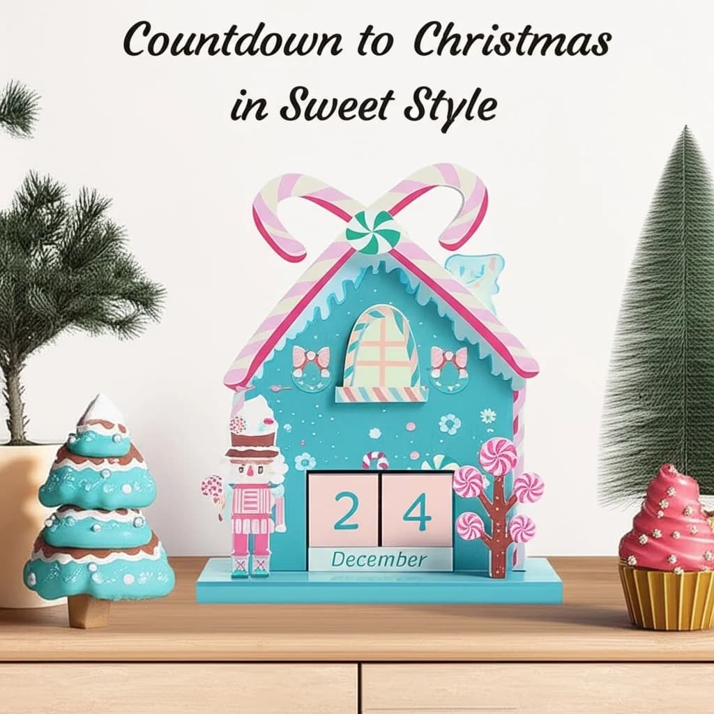 Calendario per il conto alla rovescia natalizio Casa di pan di zenzero – Blocco data perpetuo in legno, regalo festivo per la decorazione della tavola delle vacanze a tema caramelle
