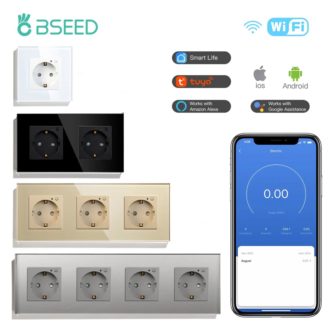 BSEED EU Electric Wifi Intelligent Face Spin With Power Monitor Timing Function Tuya Alexa Smart Home Wireless 16A Control