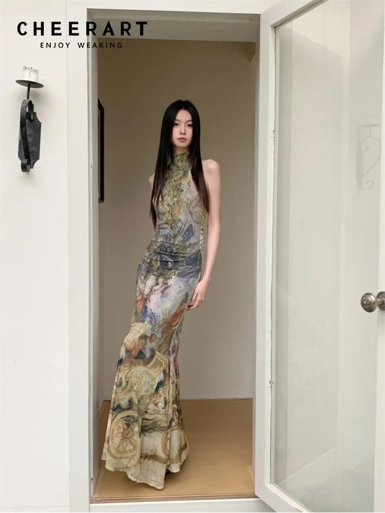 CHEERART Renaissance Oil Painting Long Luxury Dresses Women 2024 Vintage Sleeveless Backless Maxi Dress Brand Designer Summer