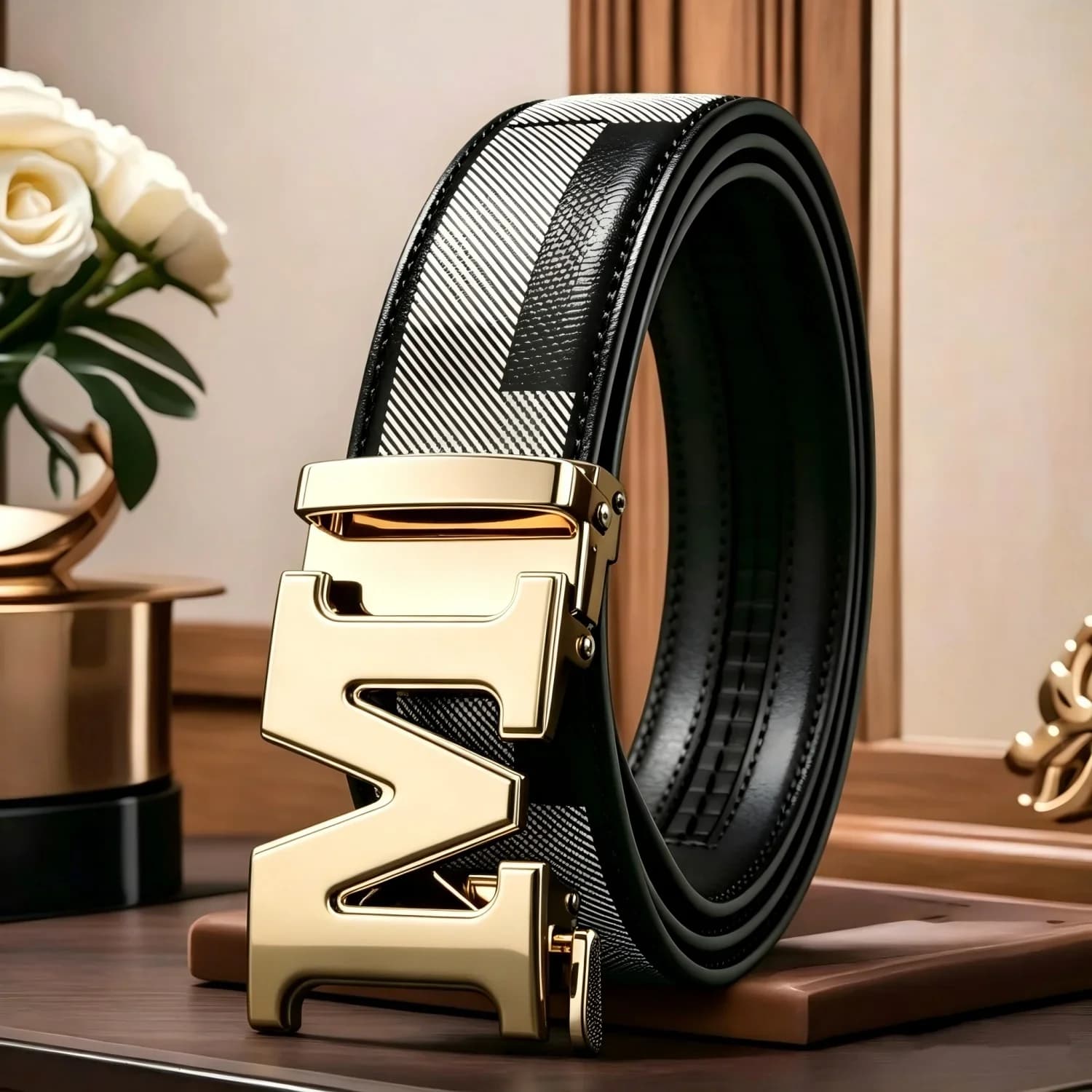 Men's Classic Automatic Buckle Leather Belt Business Formal Dress Casual Genuine Leather Belt for Jeans- - Pattern Letter M Buckle Belt -Fashion Daily Decoration Jeans Belt - Fashion Design Belt - Ideal Holiday Gift Choice