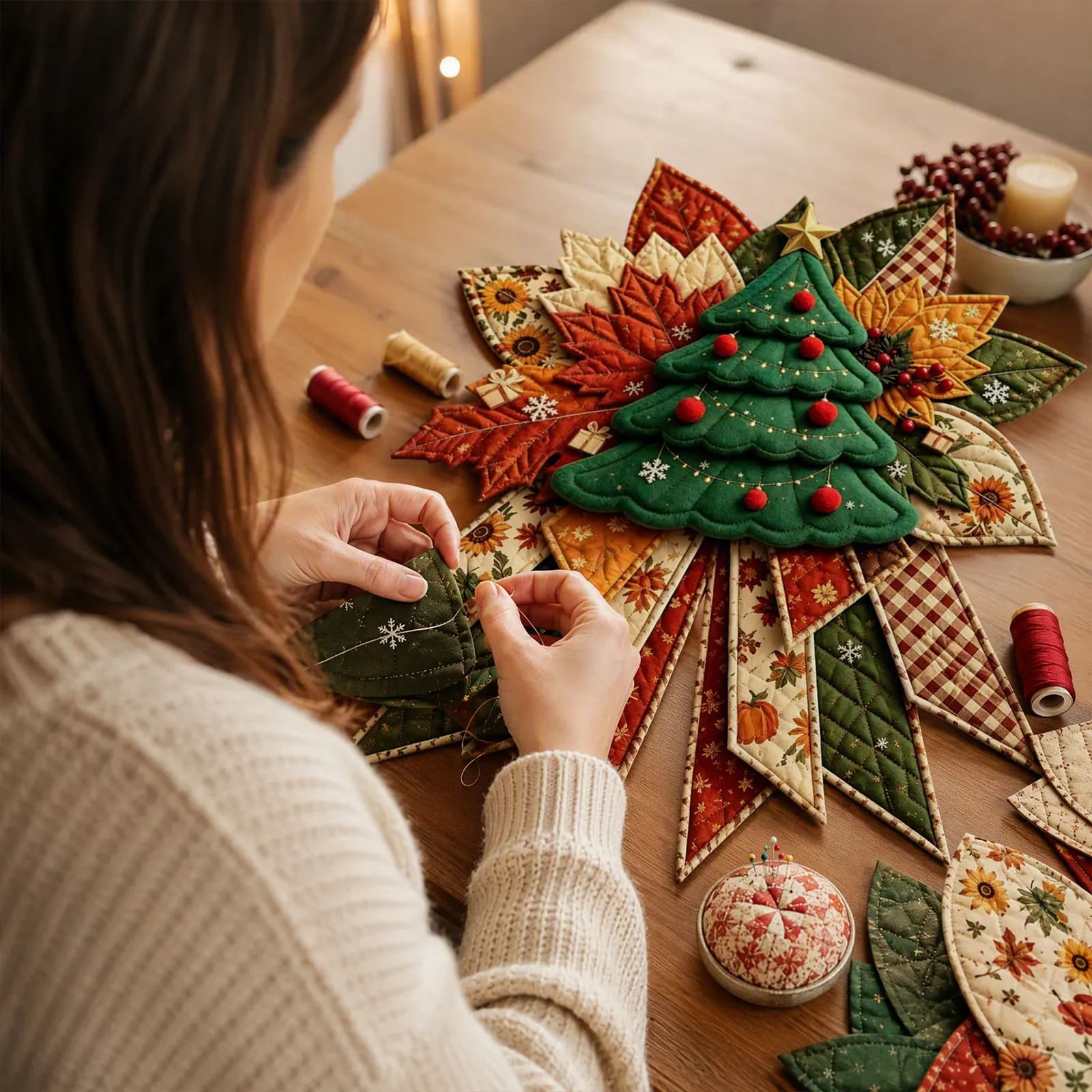 Quilted Christmas Bow Door Hanger DIY Sewing Kit Front Door Holiday Decoration Fabric Thread Needle Rope Hook Template