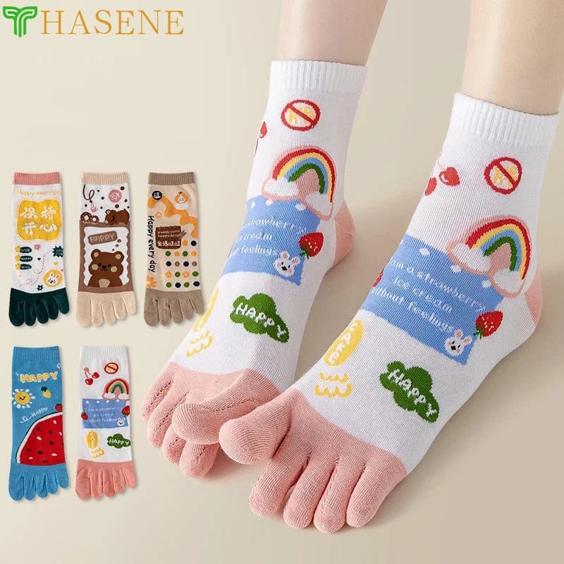 1 paio di calzini a cinque dita da donna primaverili cartone animato carino con punta divisa traspirante Giappone kawaii cotone da donna calzini con punta divisa Harajuku