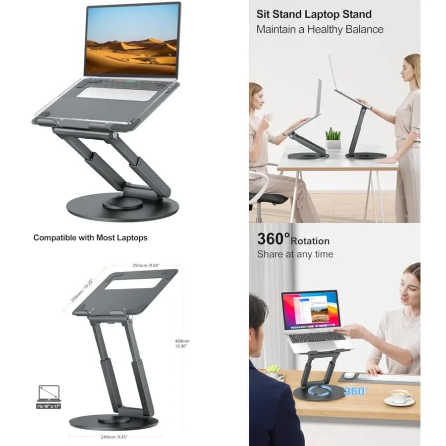 Supporto Telescopico per Laptop da Scrivania con Base Girevole a 360°, Regolabile in Altezza, Portatile, per una Buona Postura