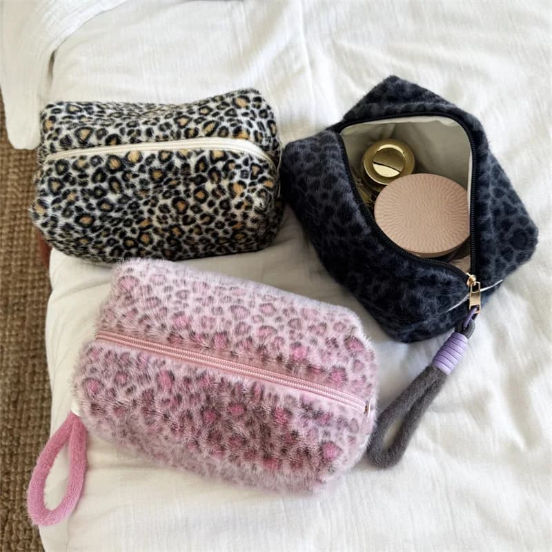 Soft Leopard Print Makeup Bag with Handle Large Capacity Pink Tote Cosmetic Bag Portable Travel Pencil Organizer for Women Girl