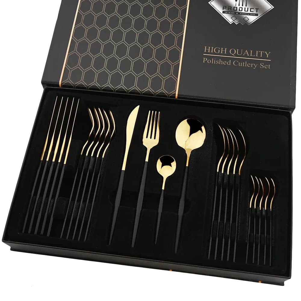 24 pieces set of crockery in black gold knife fork spoon set of cutlery with gift box teaspoon stainless steel cutlery kitchen crockery