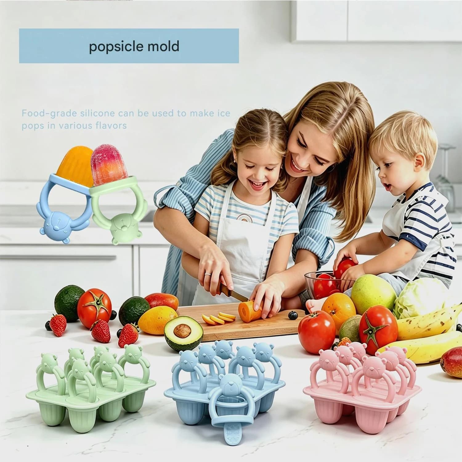 Stampo per ghiaccioli a forma di orsetto in silicone a 6 scomparti, contenitore per la conservazione di alimenti per bambini fatti in casa, per snack, purea di frutta e ghiaccioli.