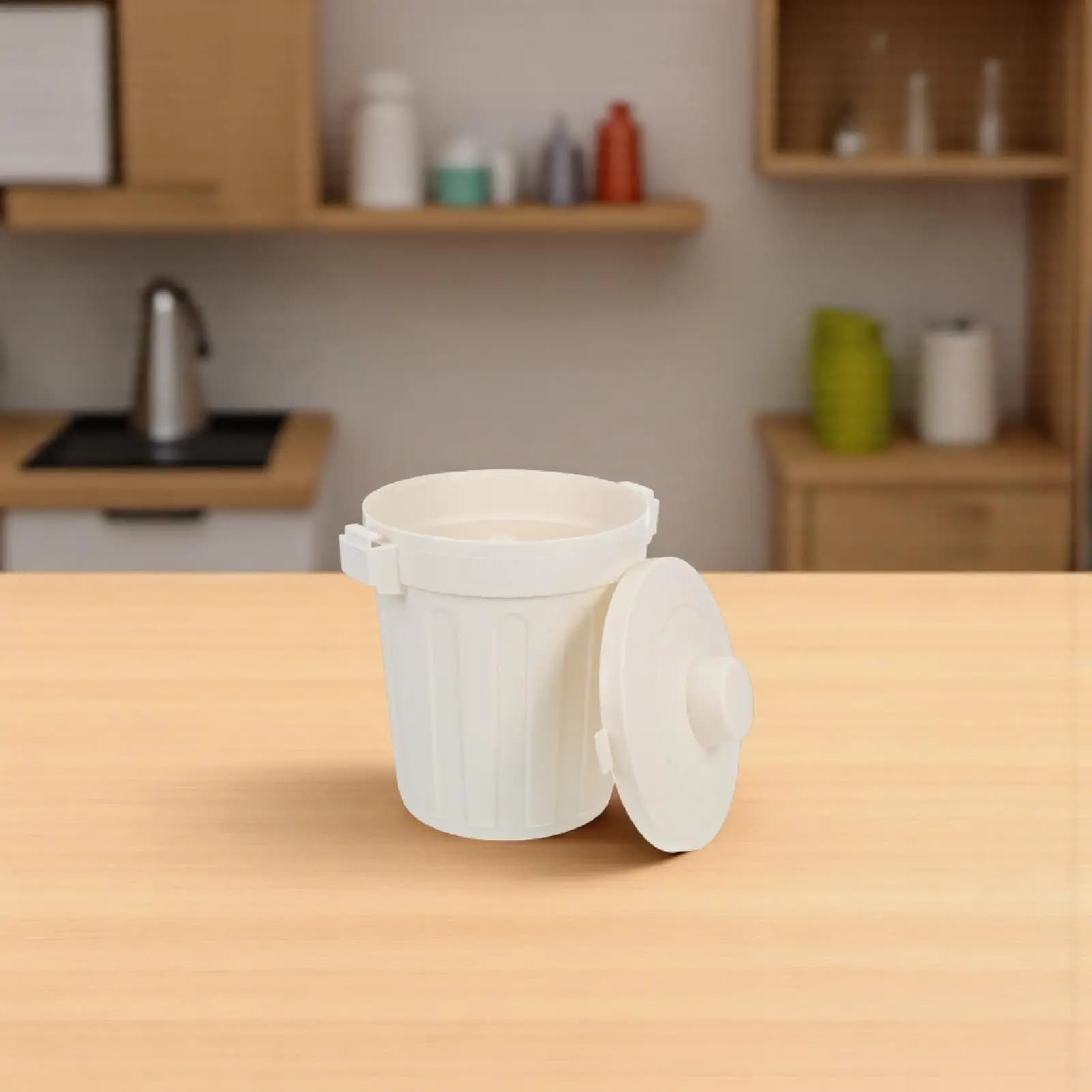 Compact Small Desktop Trash Can with Lid Round Plastic Waste Basket Pencil Holder Makeup Brush Organizer Countertop Table