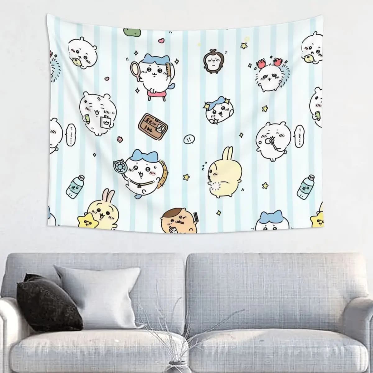 Blue Stripes Chiikawas Usagi Hachiware Tapestry Hippie Wall Hanging Japanese Anime Room Decor Yoga Mat Psychedelic Wall Blanket