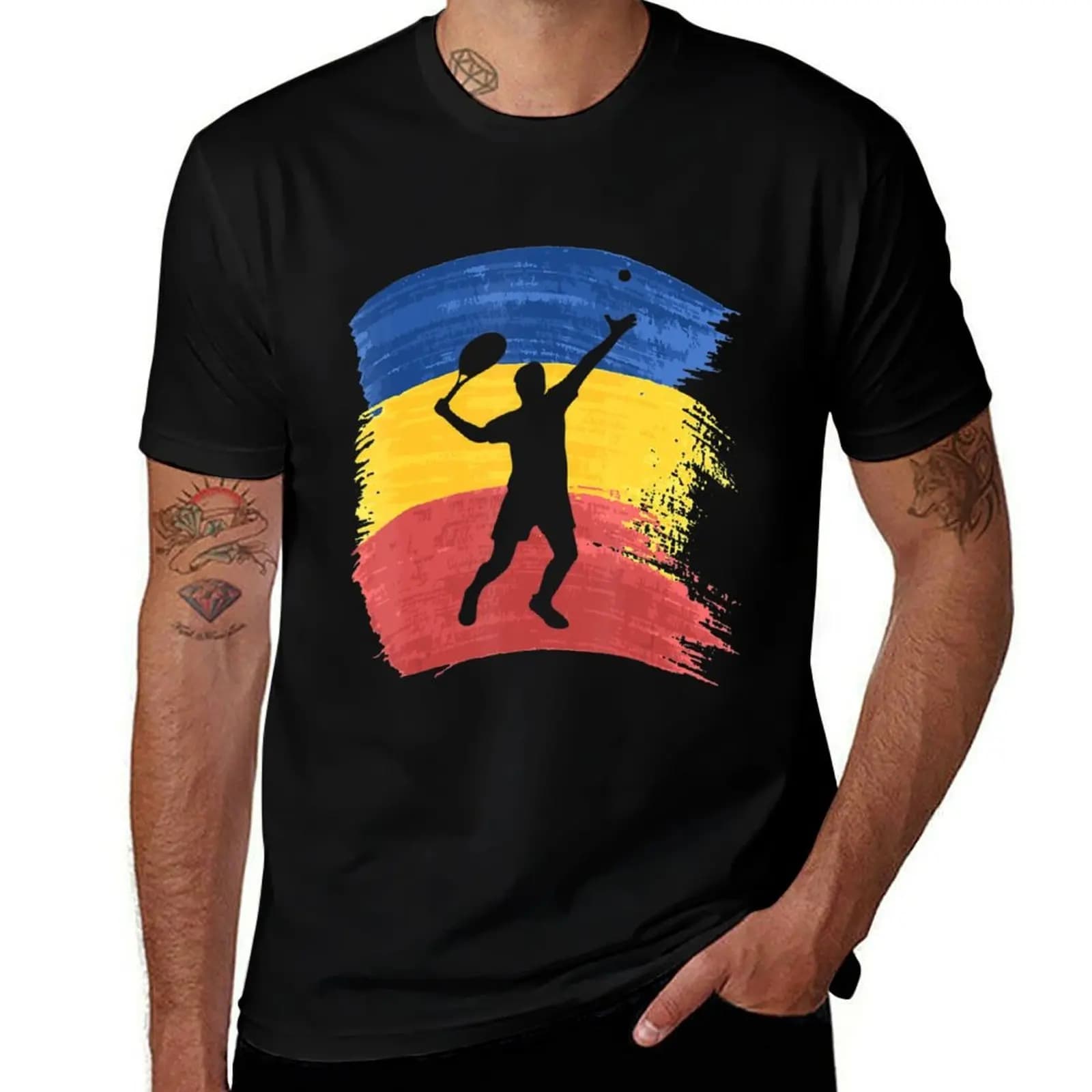 Tennis Player With Racket Playing Tennis T-Shirt Sports Basic Short Sleeve T-Shirt