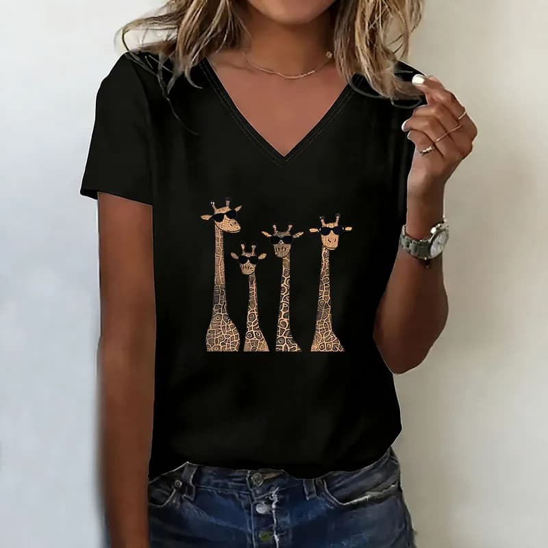 T-shirt con stampa giraffa carina, scollo a V, casual, alla moda, stile Y2K, da donna, a maniche corte, per l'estate e la primavera
