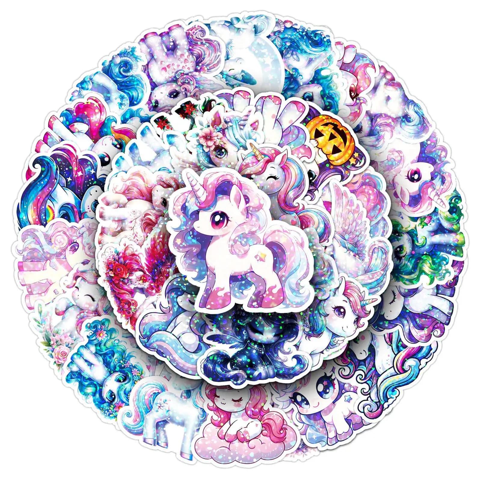 50 pezzi di pellicola flash adesivi unicorno laser simpatico cartone animato animale telefono computer cancelleria notebook decorazione impermeabile Stickert