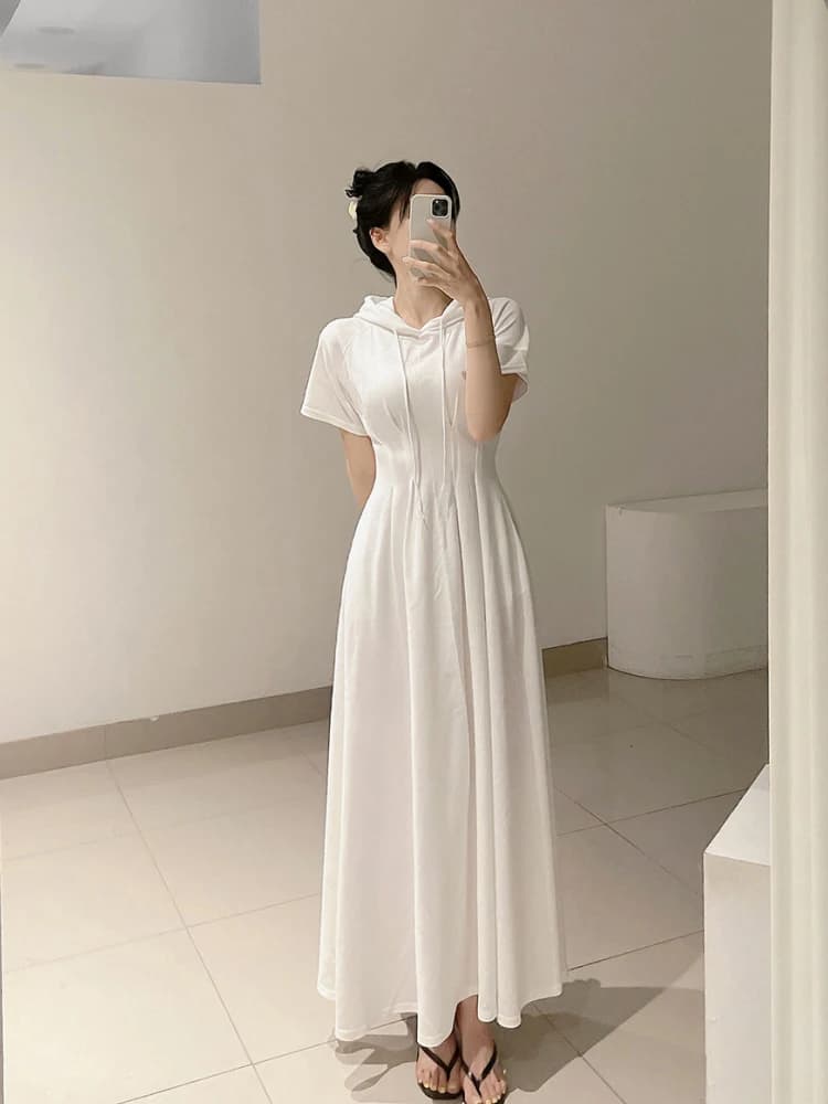 Summer 2024 New High Waist A-Line Dress Korean Style Long Hoodie Dress Women's Unique Design Commute Short Sleeve Pure Color
