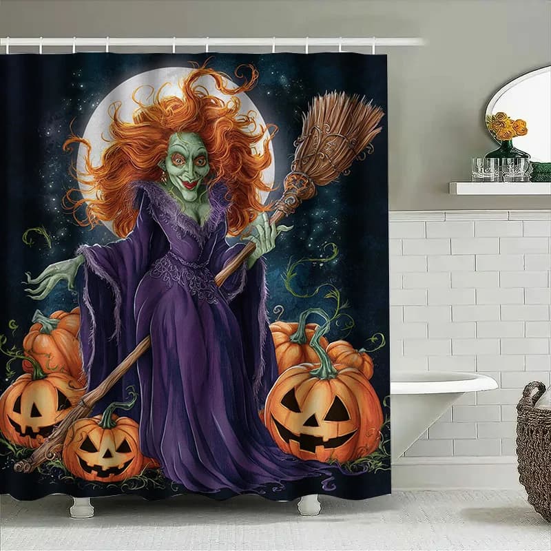 Tuniu Green Witch Tenda da doccia di Halloween Strega spaventosa spettrale con decorazione di zucche Sfondo scuro