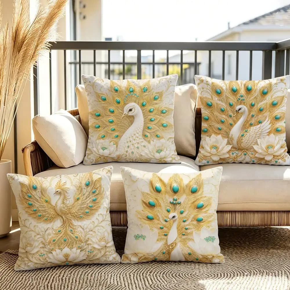 Golden Peacock Elegance Cushion Cover Soft Plush Throw Pillow Cover Double-Sided Decorative Cushion Case Sofa Bedroom Home Decor