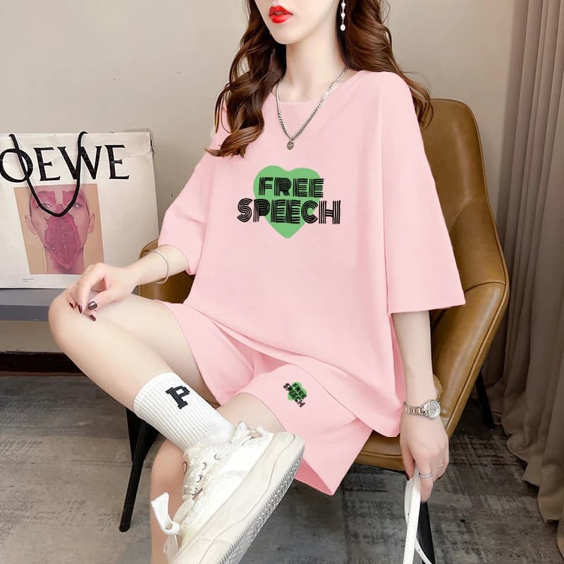 Fashionable Casual Sportswear Set Women's Summer New Loose Printed Short Sleeve Wide Leg Shorts Two Piece Set round Neck Over...