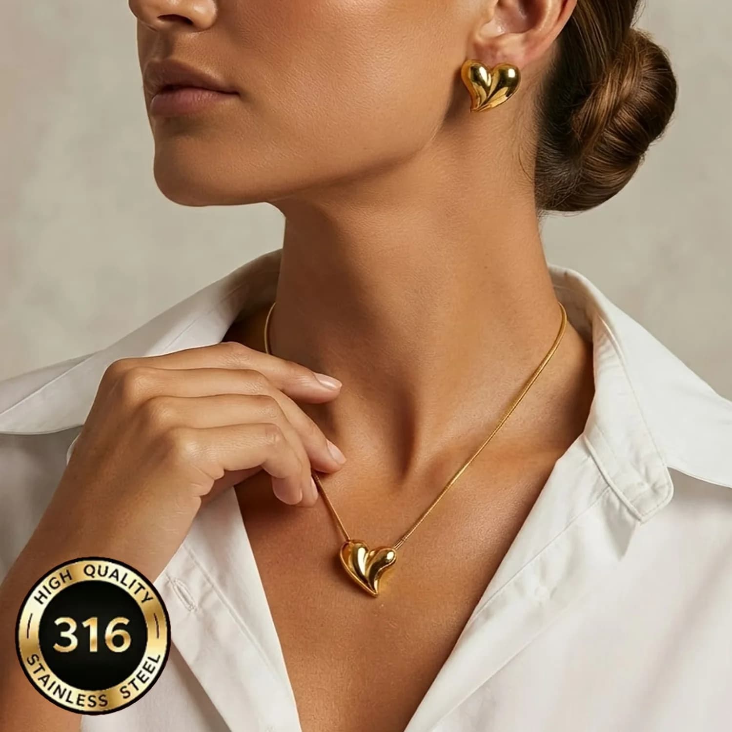 316L Stainless Steel Two-Tone Heart Necklace and Earrings Set, Heart-Shaped Snake Chain, Light Luxury Couple Jewelry for Women