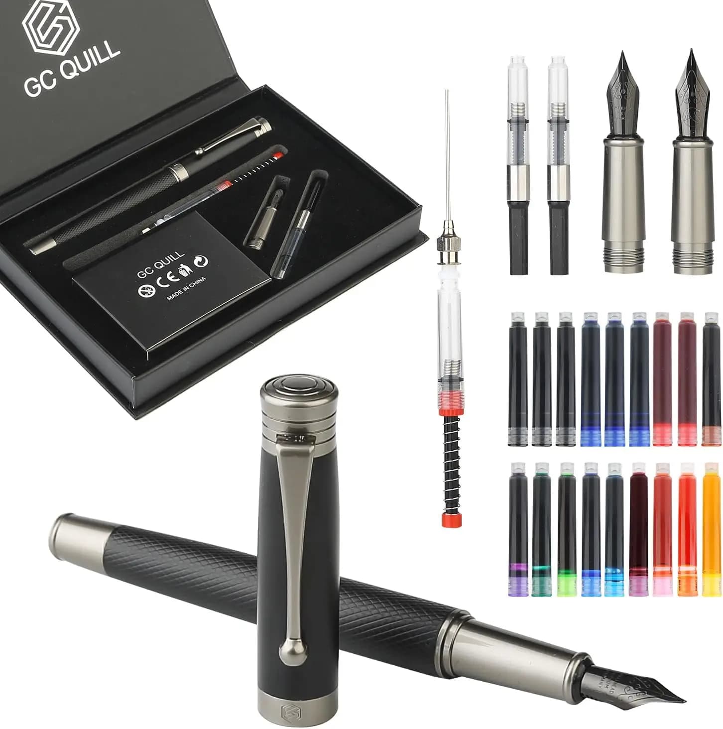 Fountain Pen Set with Fine & Medium Nibs, Includes Ink Cartridges, Converter & Syringe Filler for Writing and Calligraphy