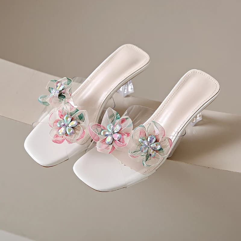 Crystal sandals Summer new square head tip open transparent flower band with sequins set foot non-slip high heels resistant to wear