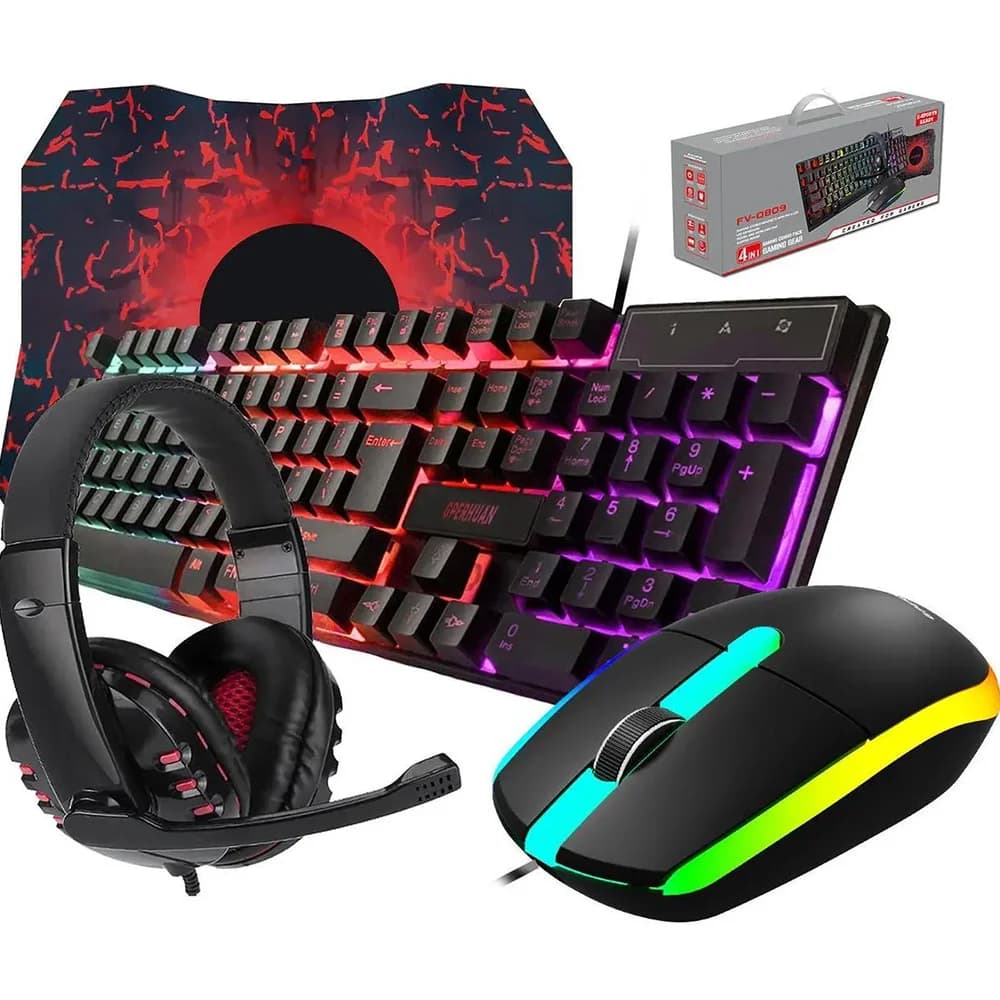 Combo Tastiera e Mouse da Gaming Cablati con Cuffie, Tastiera Cablata Retroilluminata a LED Arcobaleno, Cuffie Over-Ear con Microfono