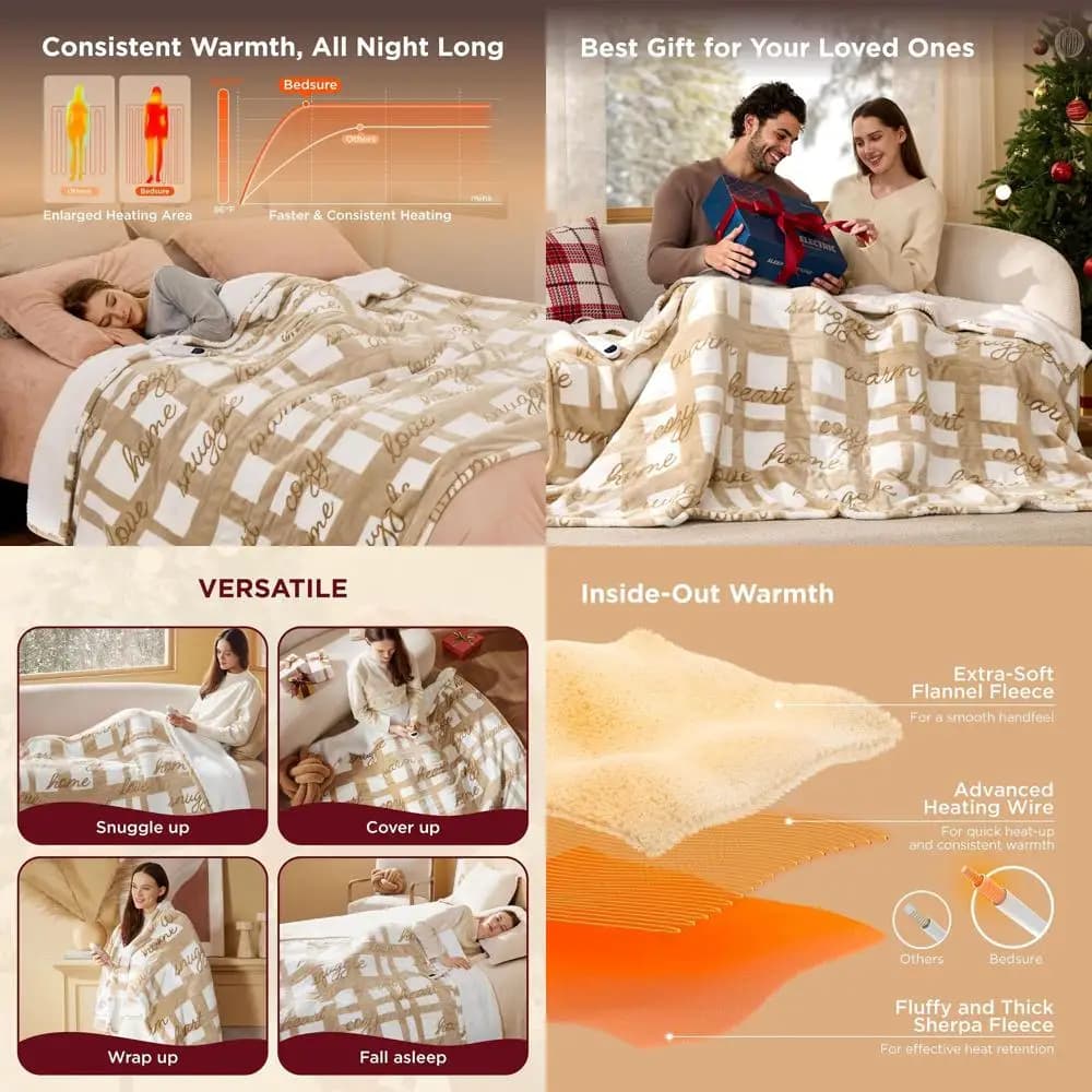 Coperta Elettrica Sherpa per Letto Singolo con 6 Livelli di Calore, 10 Timer, Spegnimento Automatico, Ideale per Anziani