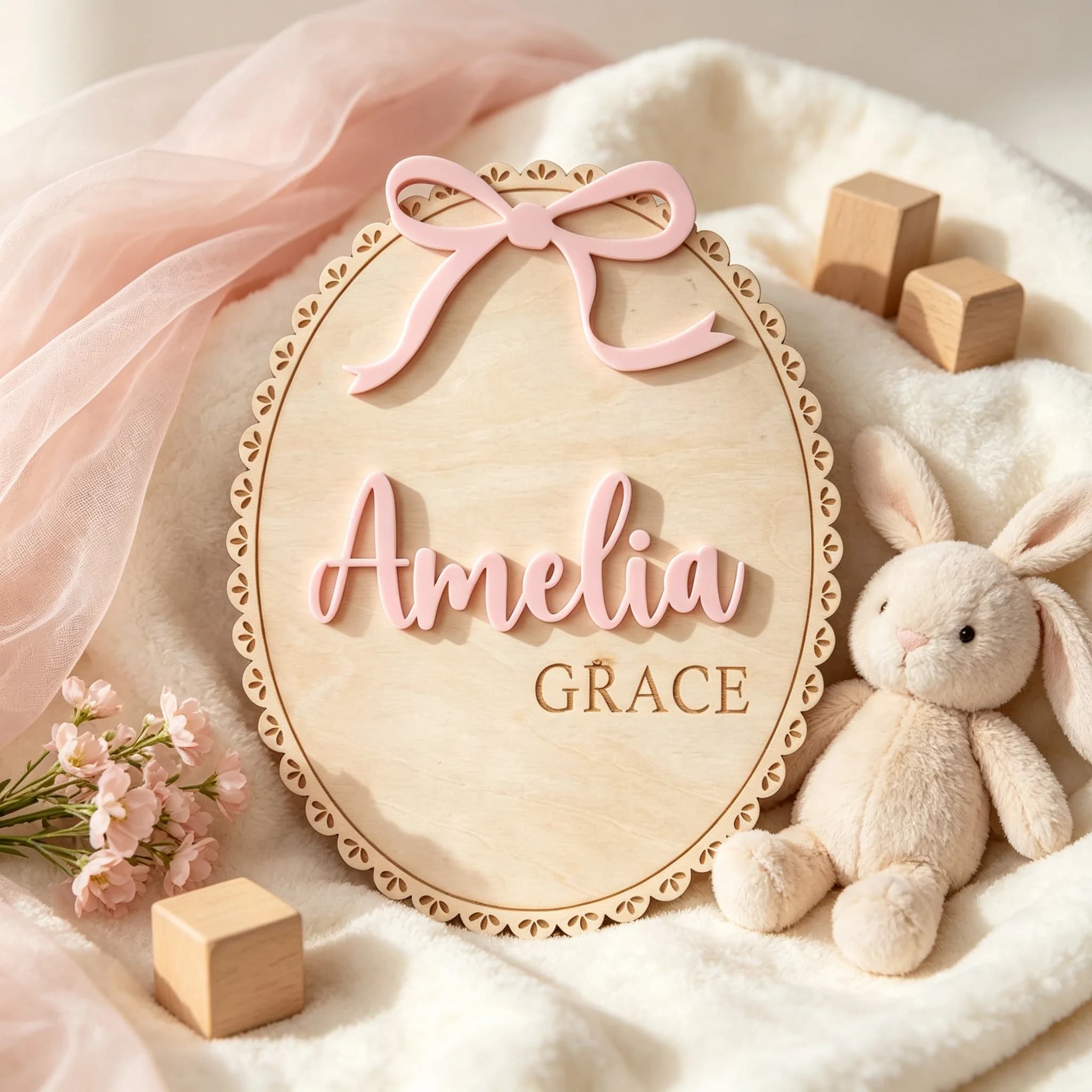 1Pc Custom Bow Lace Edge Baby Wooden Name Plaque,Home Kids Room Nursery Bedroom Wall Nursery Decor,DIY Paintable,Birthday Gift