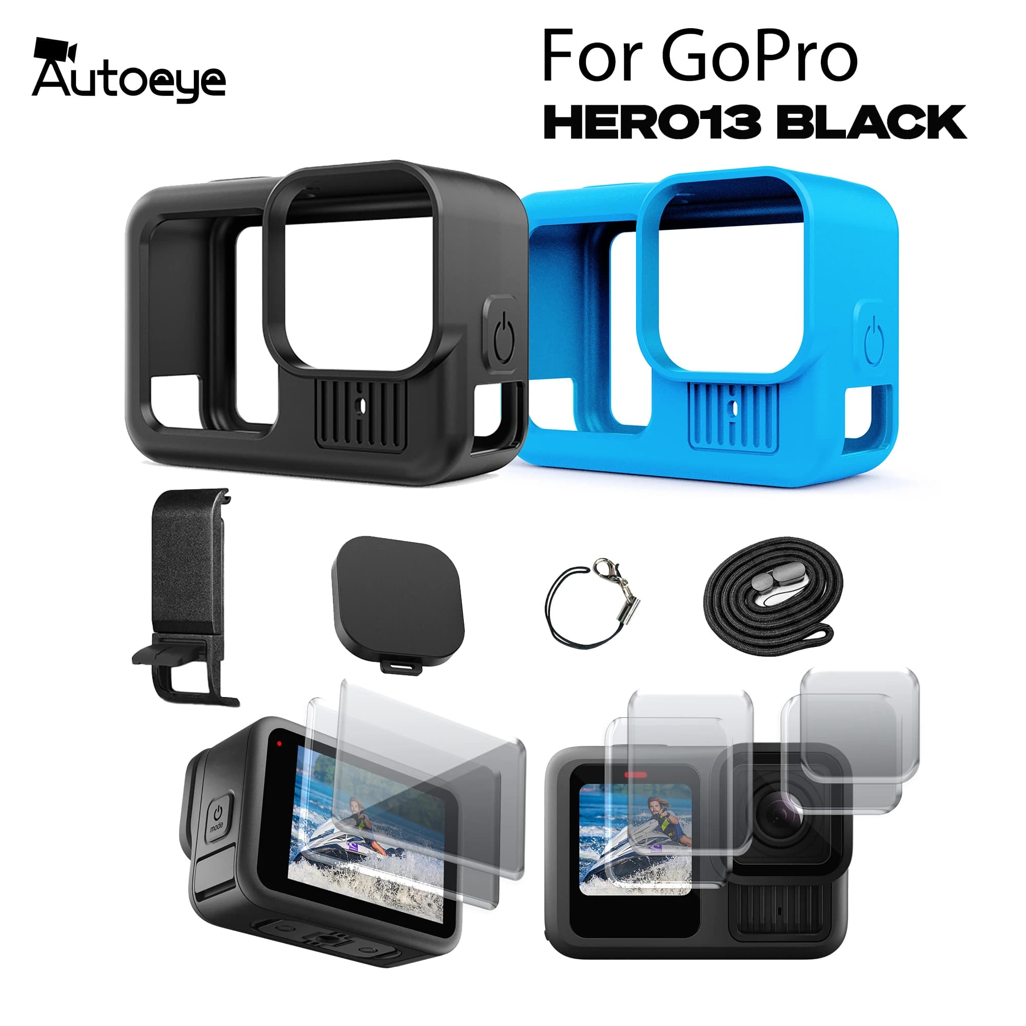 Per GoPro Hero 13 Accessori neri Custodia protettiva in silicone Gomma morbida con copertura laterale Protezione per obiettivo schermo in vetro temperato