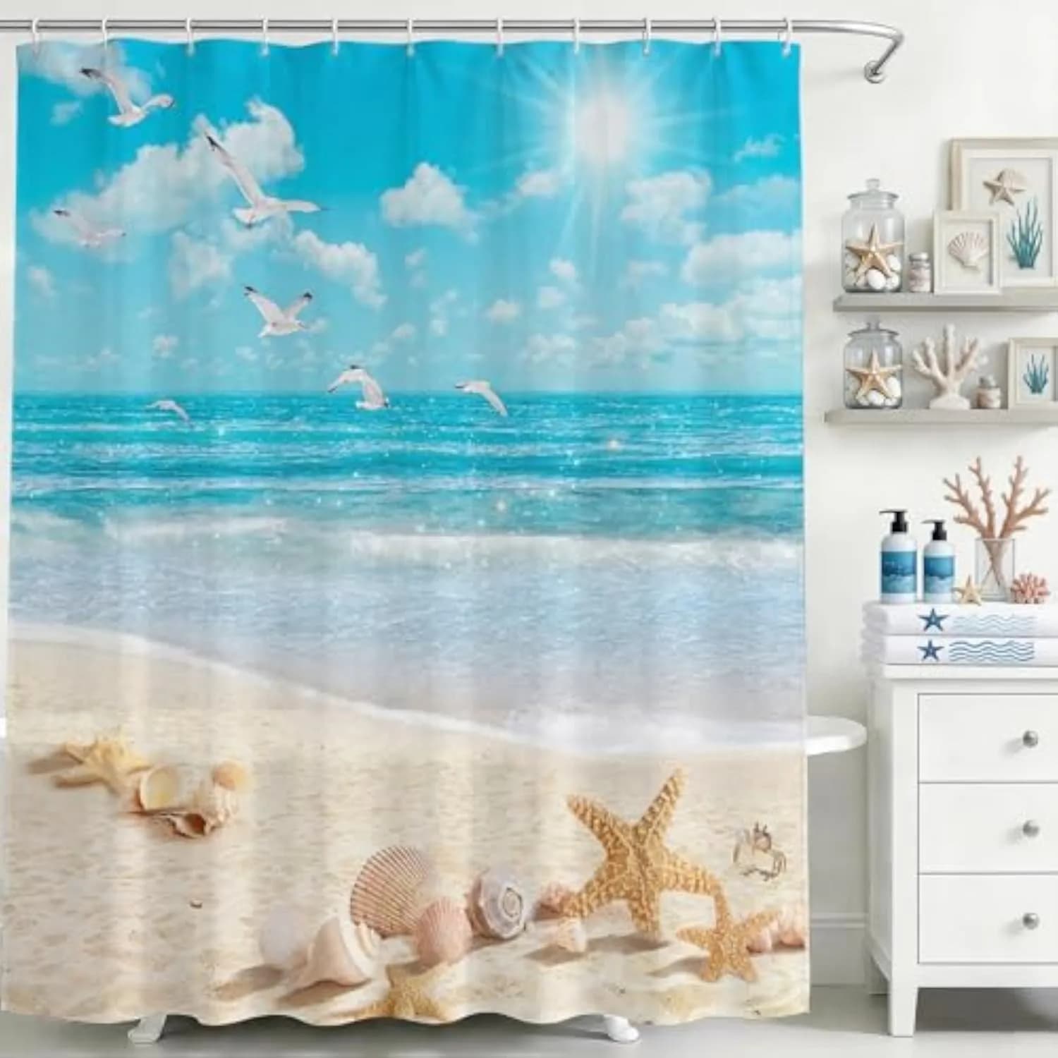 Ocean Beach Shower Curtain Summer Tropical Beach Shells Bathroom Shower Curtain Summer Seaside Nautical Coastal