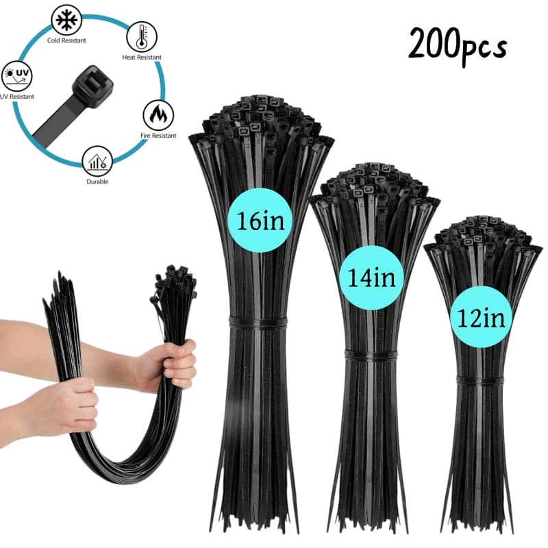 200Pcs Mixed Size 12/14/16 Inch Black Zip Ties Heavy Duty UV Resistant Self Locking Nylon Cable Ties for Outdoor & Indoor