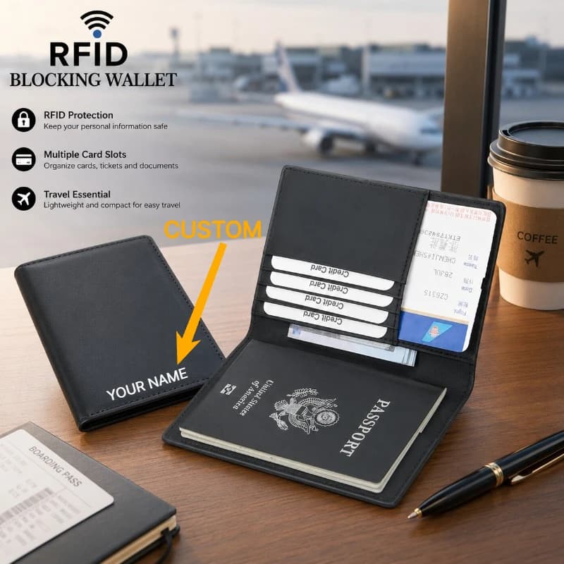 RFID Top Grain Leather Passport Holder Personalized Engraved Travel Wallet Anti-Theft Document Organizer for Men Women