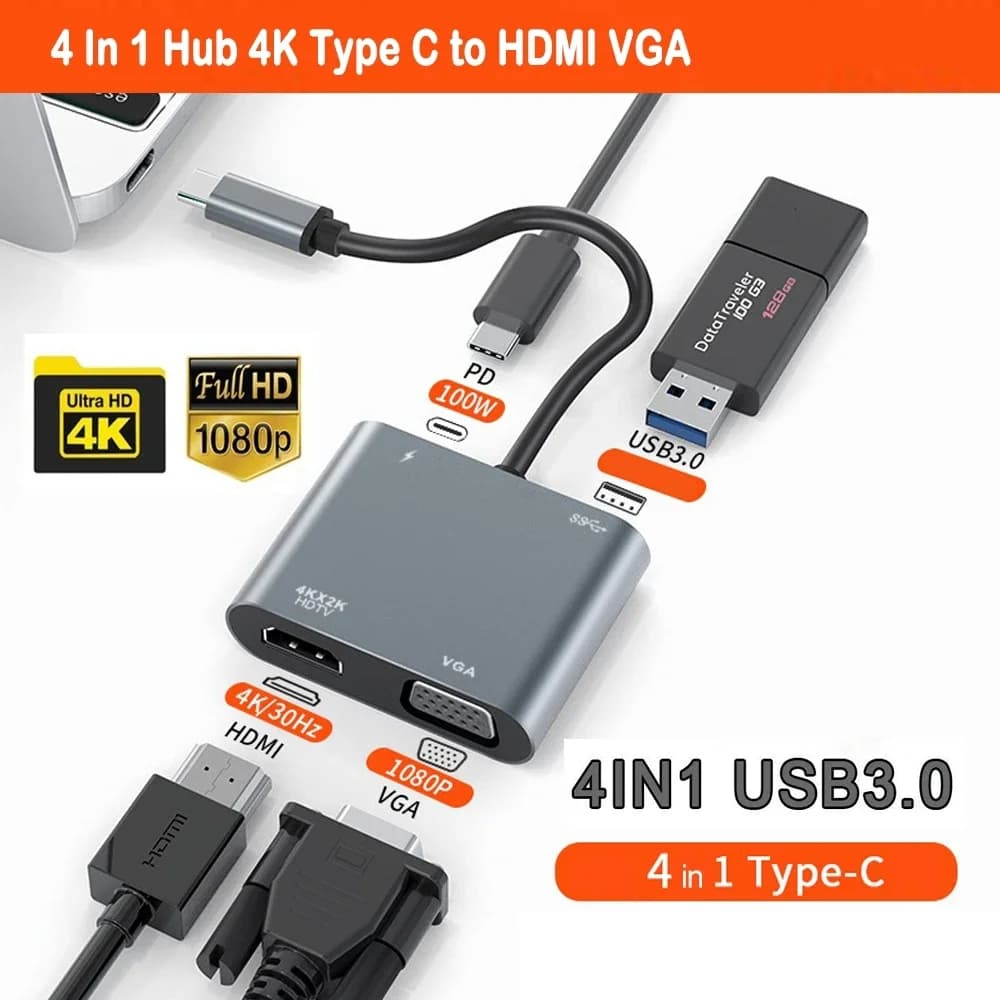 Adattatore da USB C a HDMI/VGA - Convertitore Thunderbolt 3 con 4K/1080P e ricarica rapida per dispositivi MacBook e Type-C