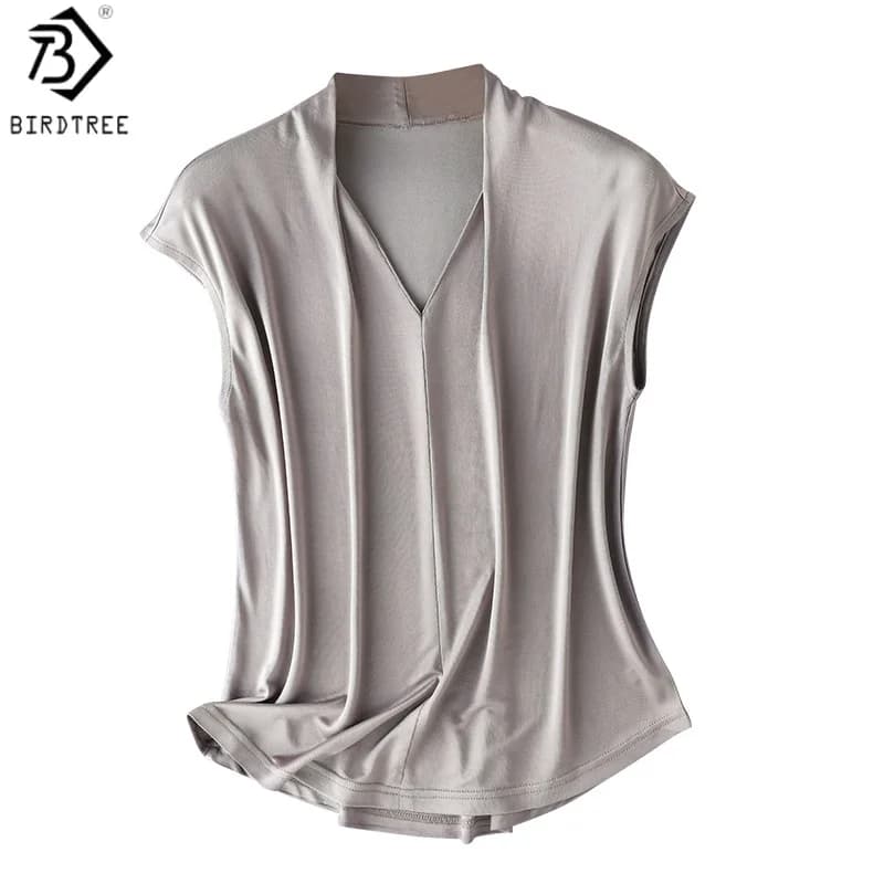Birdtree, T-shirt in 23% Seta e 77% Viscosa, Top Basic Morbido con Scollo a V, Camicia Casual Senza Maniche da Donna, Nuova Collezione Primavera 2026 T62216JF