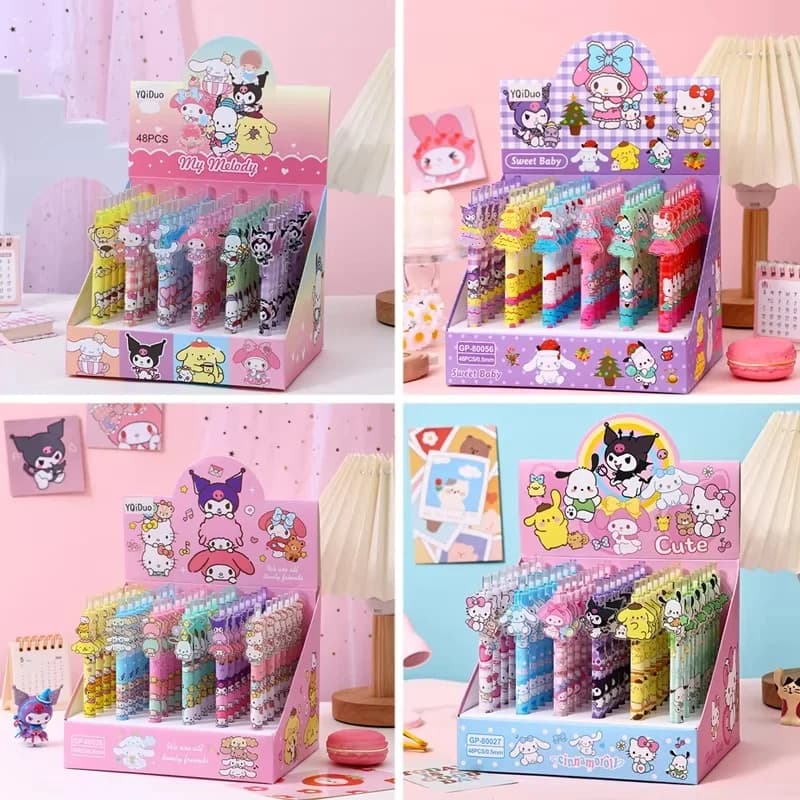 48 Pezzi Penne Gel Kitty Kuromi Cinnamoroll Pochacco per Studenti, Penne a Pressione 0.5mm, Cancelleria Scolastica all'Ingrosso