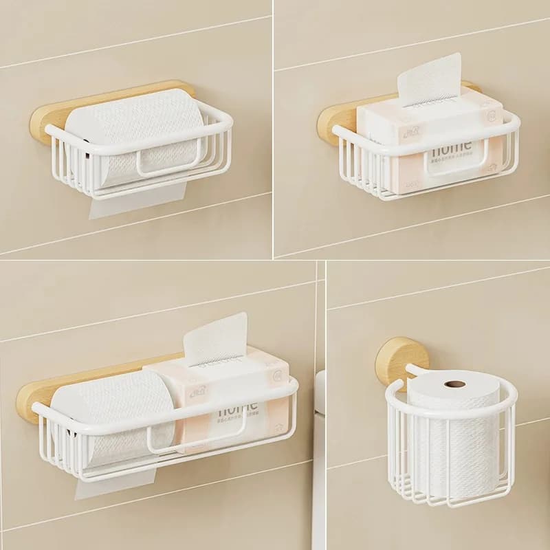Porta carta igienica in noce nera solida - Supporto da parete senza trapano, portaoggetti da bagno premium con scatola per fazzoletti