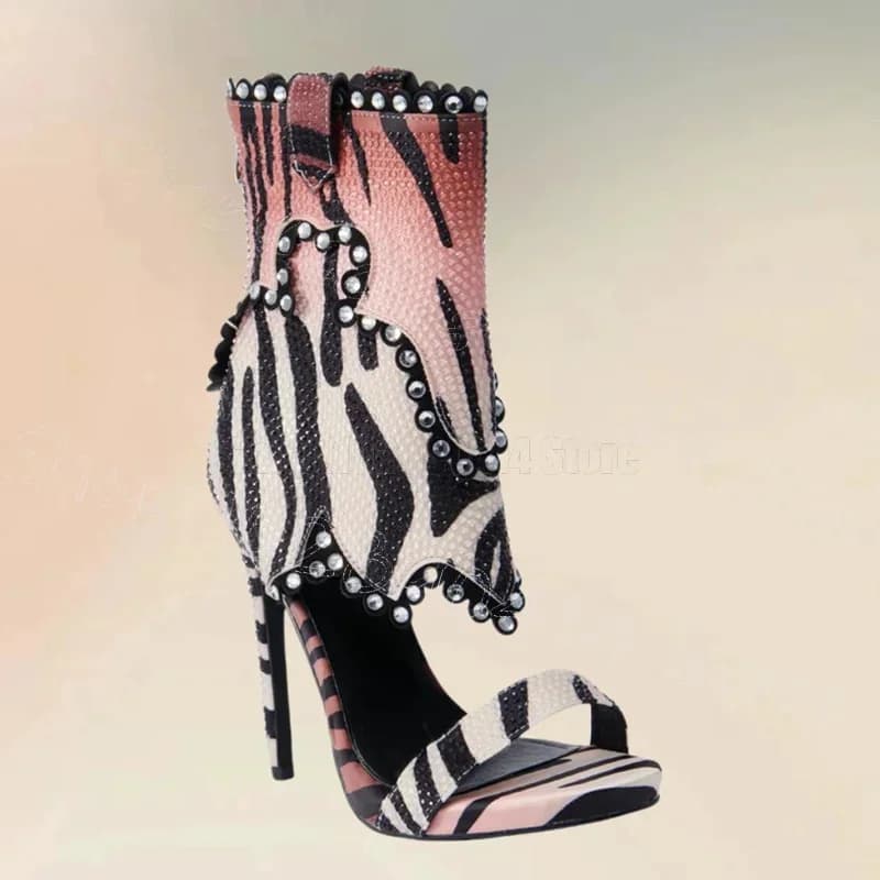 Zebra Stampa Strass Decor Sandali Stivali Cerniera posteriore Scarpe da donna Tacchi alti sottili Open Toe Romanzo Party 2025 Zapatos Para Mujere