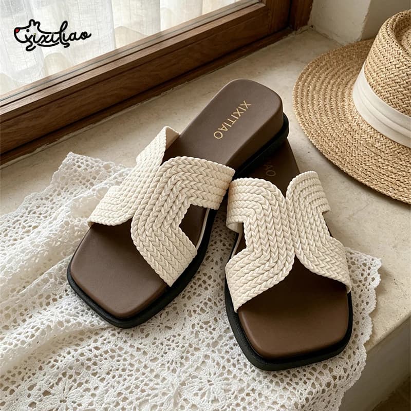 XIXITIAO Women's Sandals Fashion Simple Comfortable Beach Open-toe Wedge Square-toe Flip-flops Indoor Outdoor Non-slip Slippers