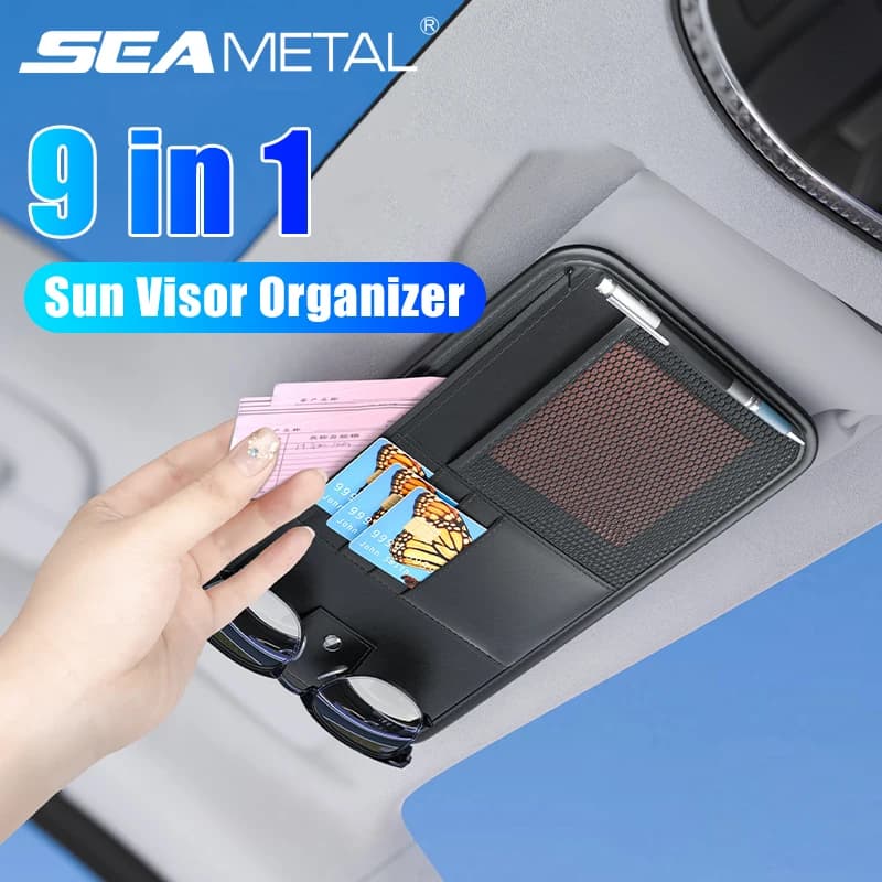 SEAMETAL 9 in 1 Organizzatore per visiera parasole per auto Borsa portaoggetti in pelle PU con cerniera Custodia a rete Tasca portaoggetti automatica con occhiali/porta carte