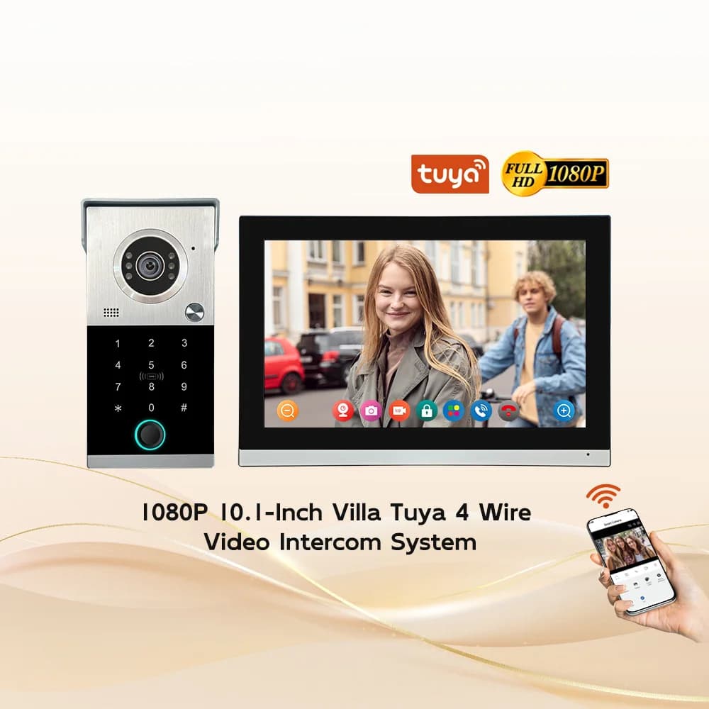 1080P AHD 2MP 10.1 Inch 4-Wire WiFi Smart Home IP65 Waterproof Video Doorbell Intercom System 4 Unit Door Phone Two-Way Audio