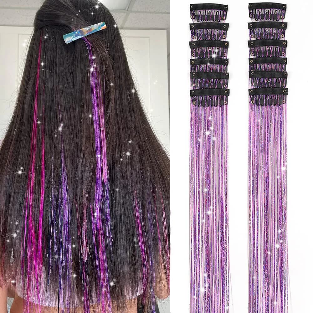 Kit di orpelli per capelli sintetici 6 pezzi Clip per orpelli per capelli in estensioni dei capelli con orpelli glitter Clip resistente al calore nei capelli Tinsel Capelli da fata