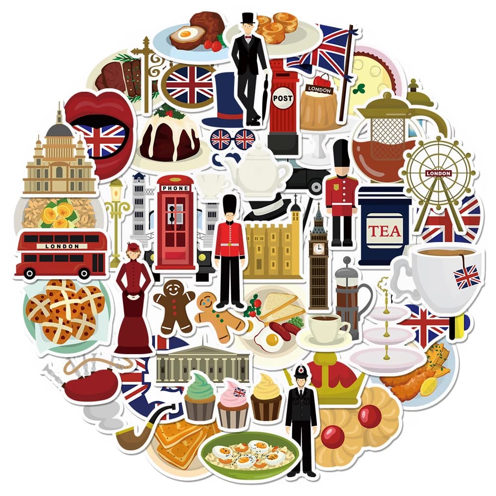 Confezione di adesivi London da 10/30/50 pezzi, decalcomania per agenda a tema da viaggio per notebook, diario e album di ritagli, decorazione artigianale fai-da-te