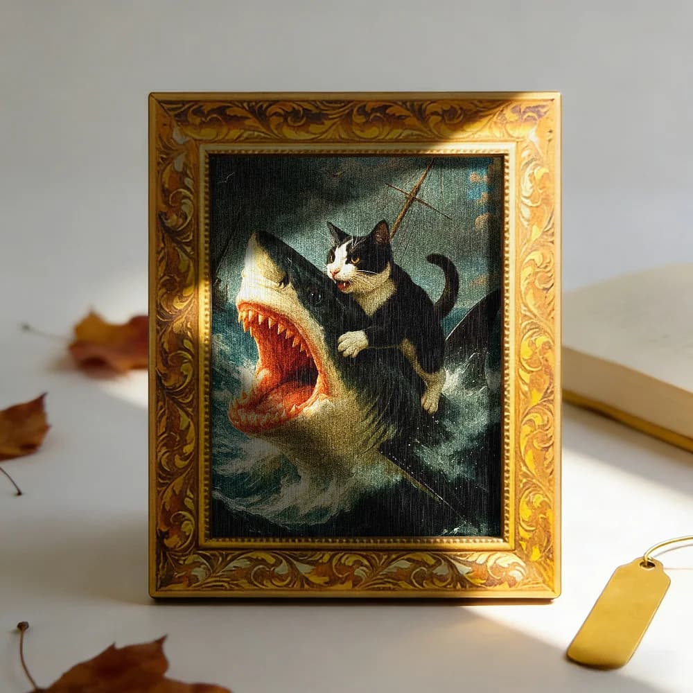 1 piece of black and white cat riding shark wooden refrigerator tile, wooden mini decorative painting, fun decorative painting, stormy sea scene, wooden refrigerator sticker, kitchen decoration, unique gift, creative gift.