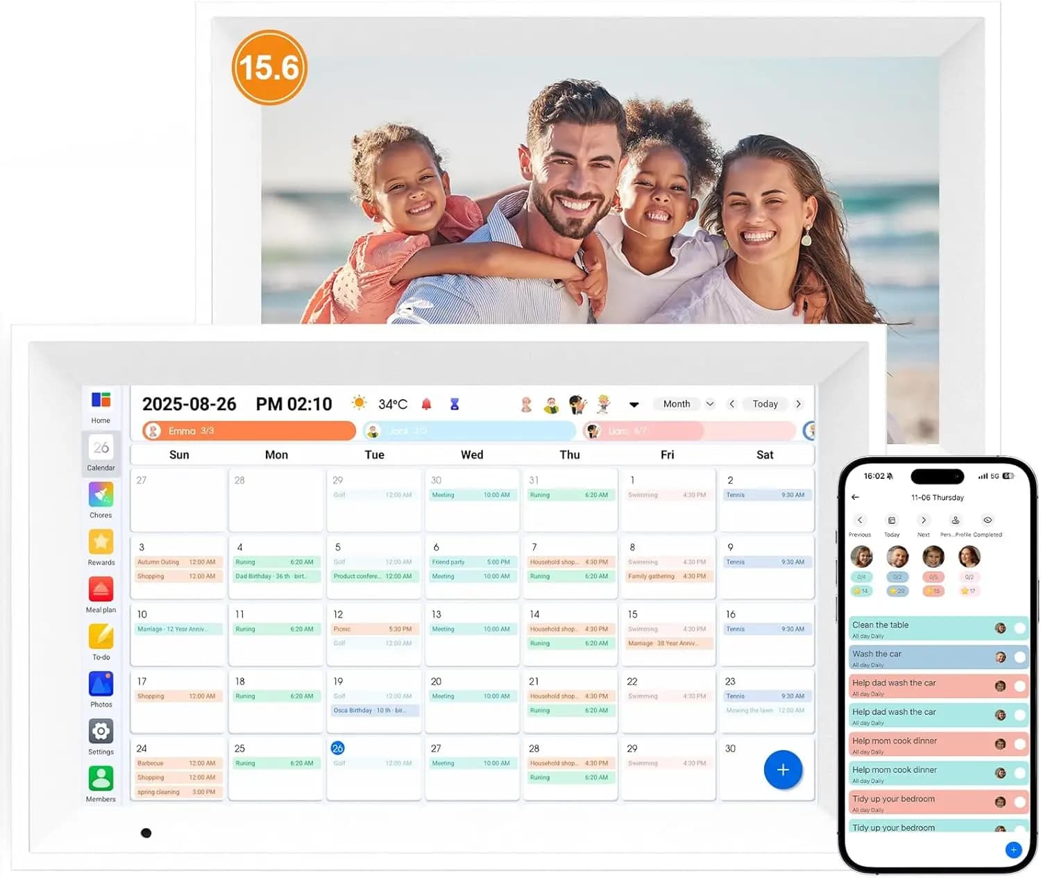 Calendario Digitale da Parete 15.6" con Touchscreen, Cornice Portafoto, Memoria 64GB - Bianco