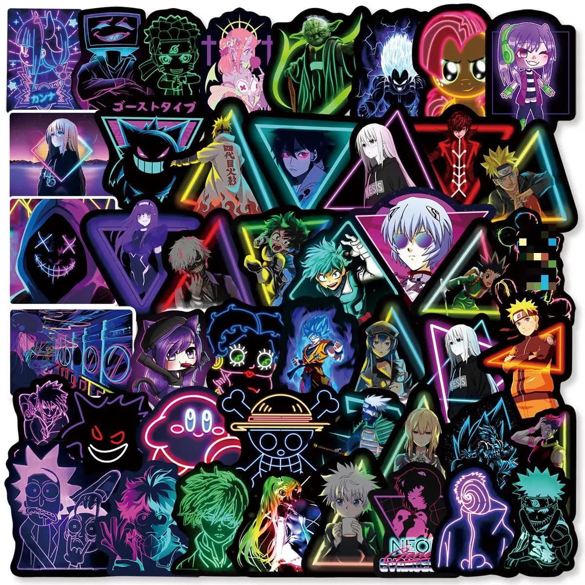 50 Pezzi Adesivi Neon Anime Giapponesi Impermeabili per Decorazione Fai-da-Te di Telefoni, Laptop, iPad, Thermos, Caschi, Valigie e Quaderni