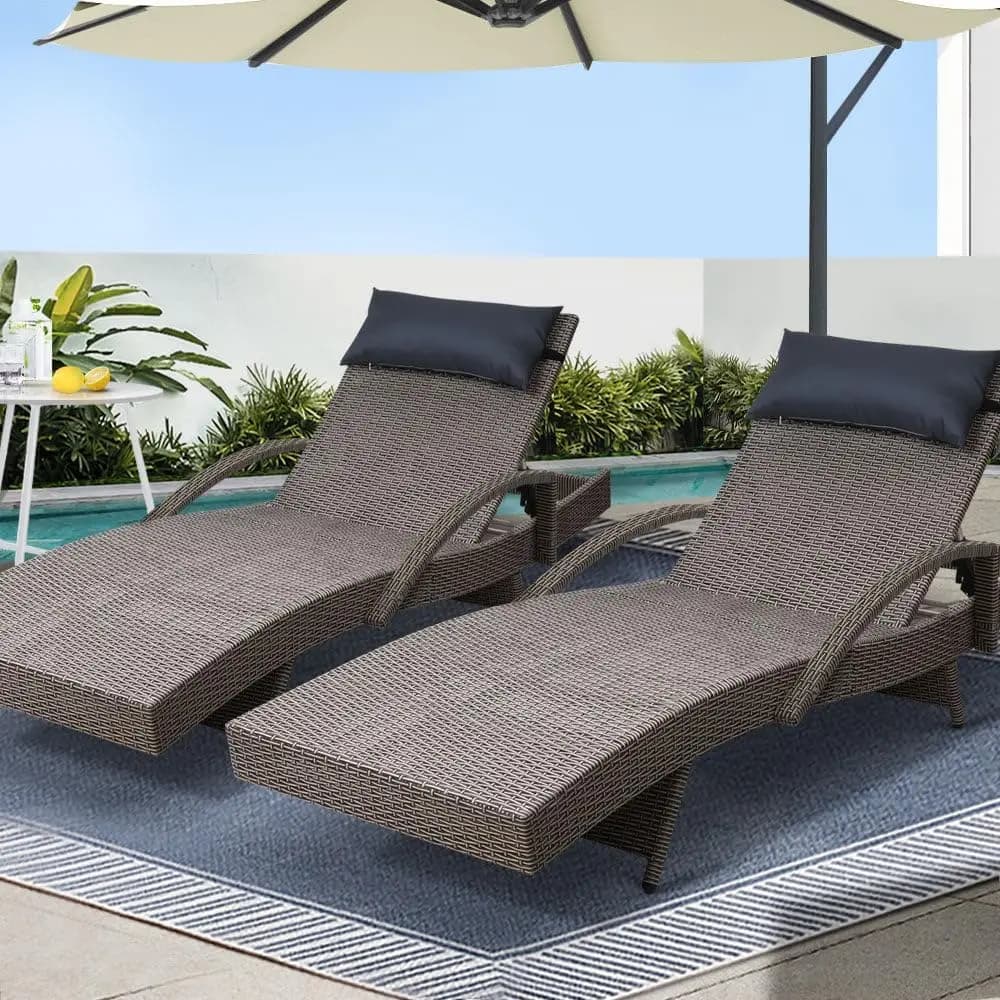 with 4 cushions thickened with adjustable position, outdoor rattan PE recliners for deck chairs, set of 2 deck chairs