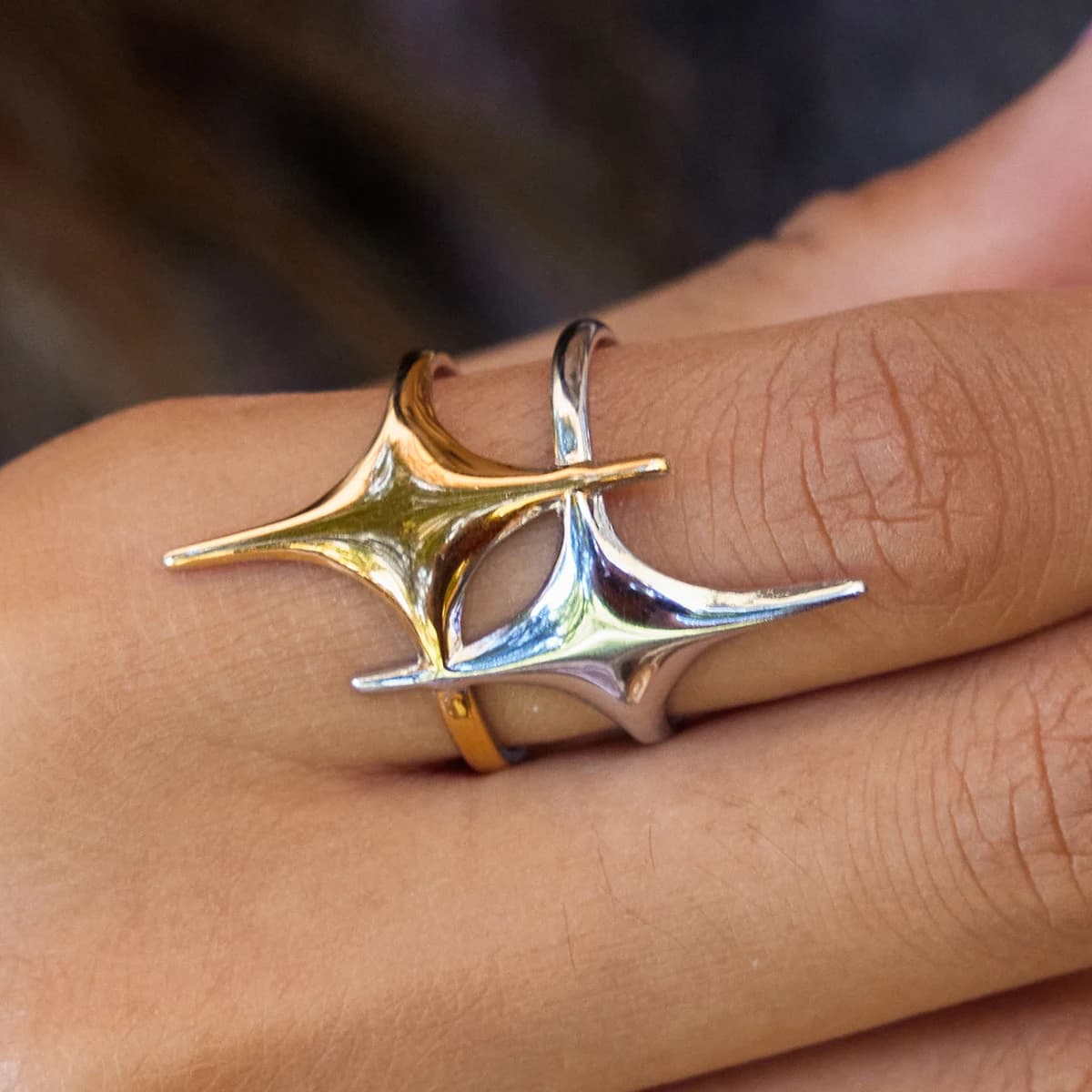 Yori Double Layer Open Ring with Silver Gold Color Blocking Star for Women Attractive Unique Embossed Metal Jewelry 2025