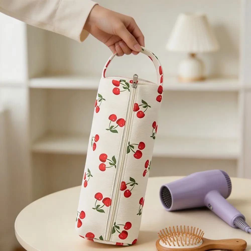 Large Capacity Hair Dryer Storage Bag Cherry Portable Curling Iron Carrying Case Zipper Closure Dustproof