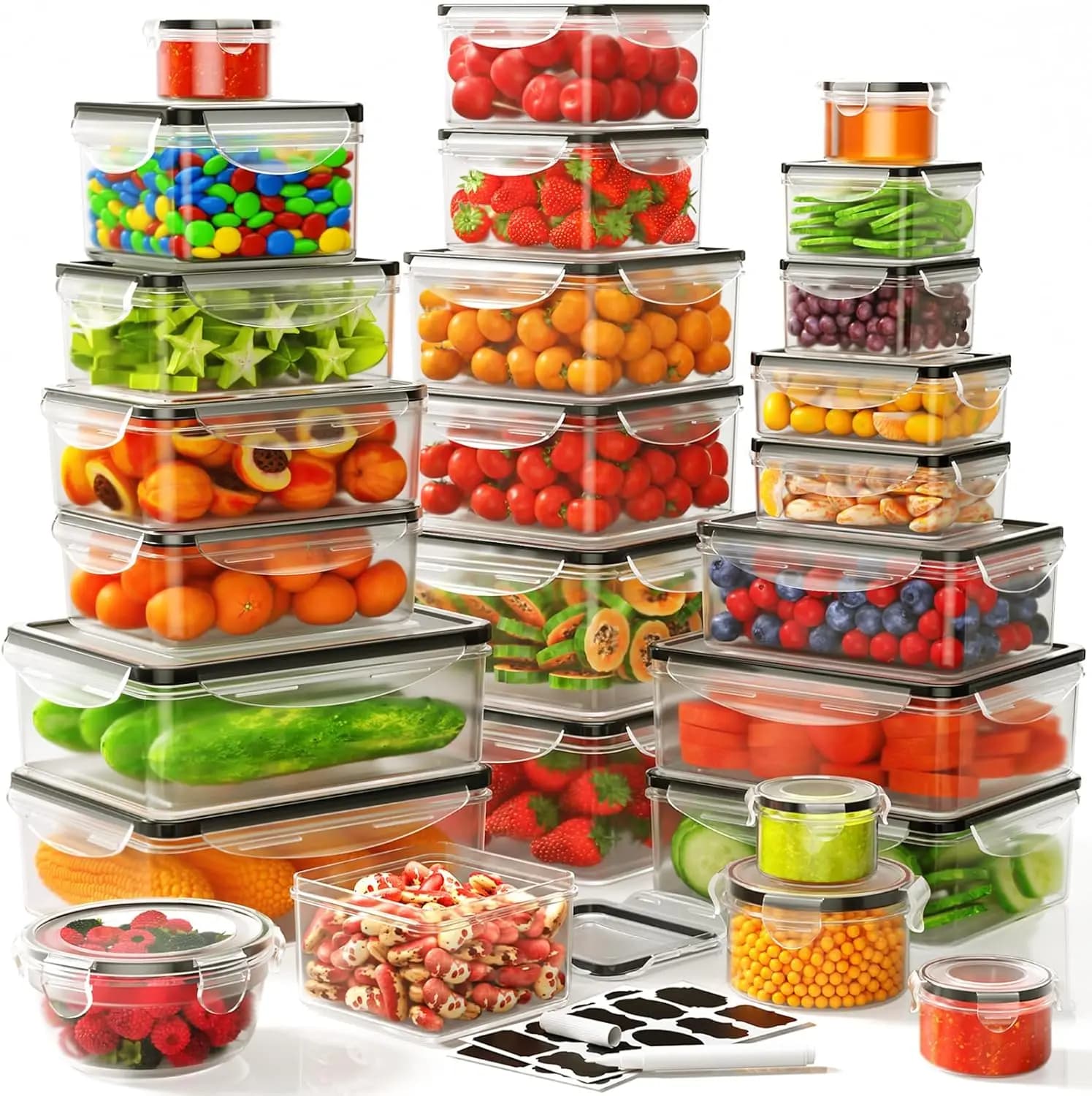Set di 52 Contenitori per Alimenti con Coperchi Ermetici per Organizzazione della Cucina, Contenitori per Insalata e Pranzo con Etichette
