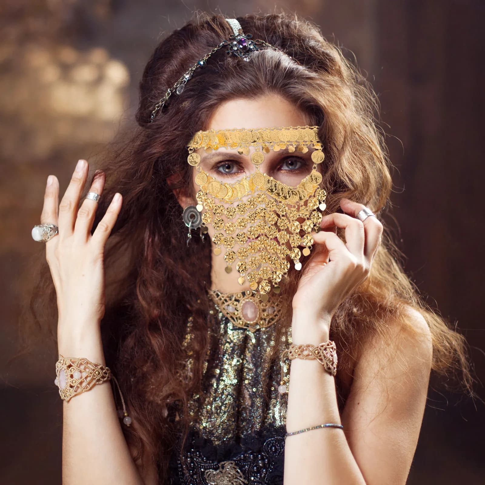 Velo per Danza del Ventre con Nappe Golden, Lightweight and Breathable, Maschera Tribale per Spettacoli di Danza